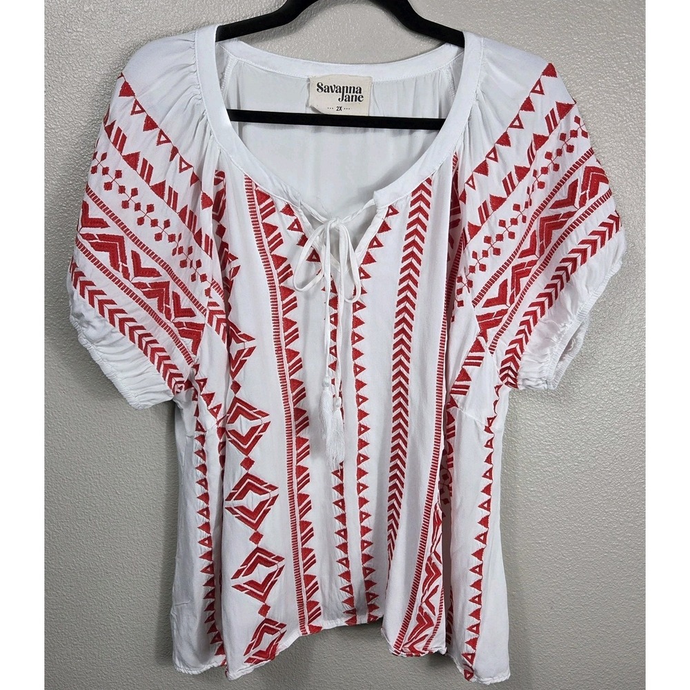 Savanna Jane Embroidered Boho Peasant Top White Red Rayon Tunic‎ Blouse 2X